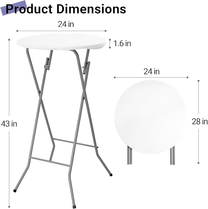 Byliable 24in Round Cocktail Table, Bar Height High Top Foldable Bistro Table with Removable Legs, Portable Plastic Indoor Outdoor for Patio, Party, Backyard, Events, White
