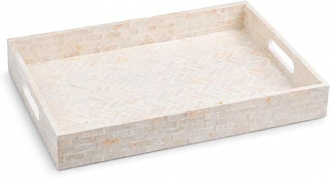 PEMAR Handmade Capiz Shell Decorative Serving Tray – Mother of Pearl Finish Herringbone Mosaic Rectangular Tray with Handles, 15.74 x 11.8 x 2 in, for Coffee Table & Home Decor