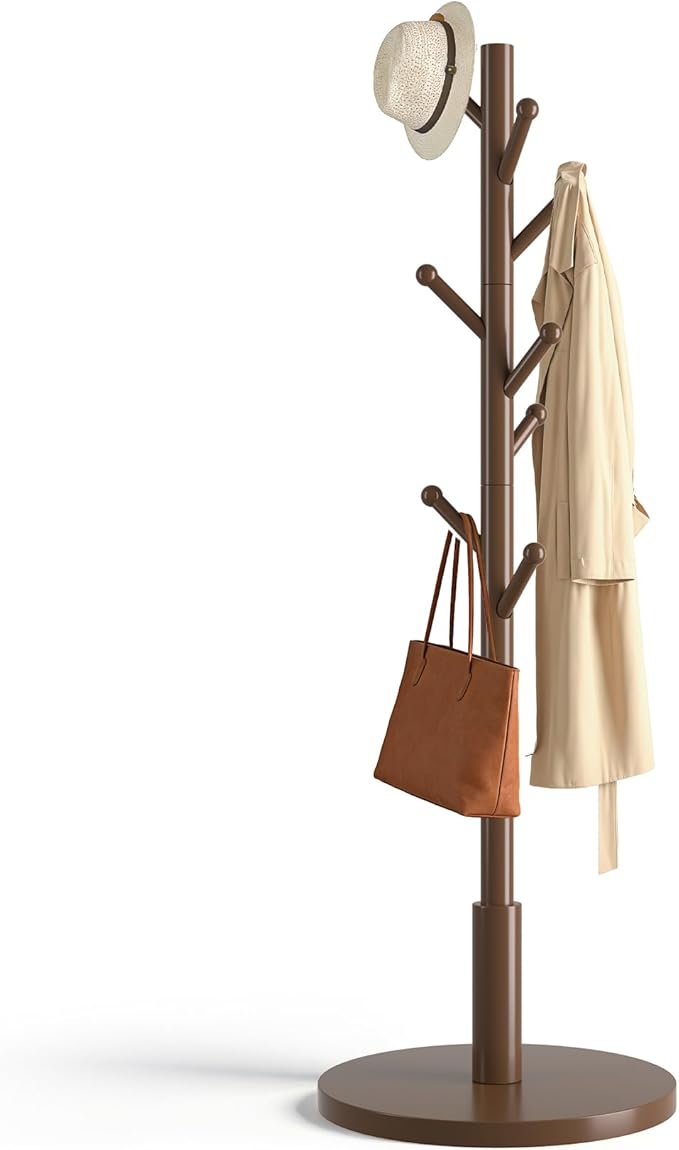 Coat Rack Freestanding Wooden Coat Tree Stand with 8 Round-tip Hooks, 3 Adjustable heights Coat Hat Rack for Entryway,Bedroom,Hallway,Office (Brown)