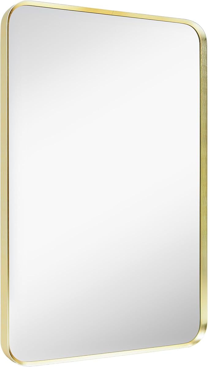 Wall Mount Mirror for Bathroom, Brushed Gold Metal Framed Rounded Corner Rectangular Vanity Mirror (20" x 30", Gold)