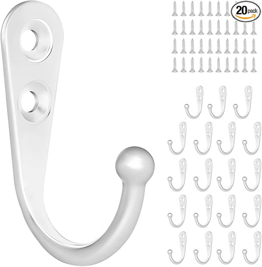 20 Pcs Key Hooks Coat Hooks for Hanging, Key Holder, Wall Mount Hook with Stainless Steel Screws, Command Hooks Utility Hangers for Key, Hat, Cup, Coat, Picture (White)
