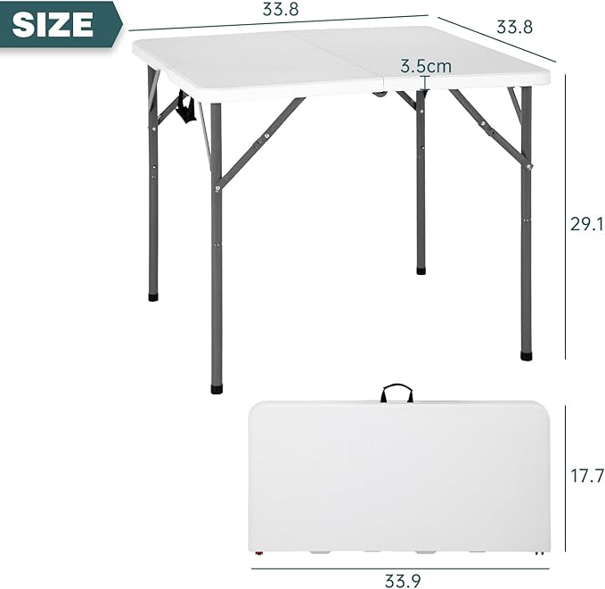 FDW 34" Square Outdoor Dining Table, Foldable Portable Plastic Folding Card Table with Built in Carrying Handle and Height Adjustable for Party and Wedding Use, White