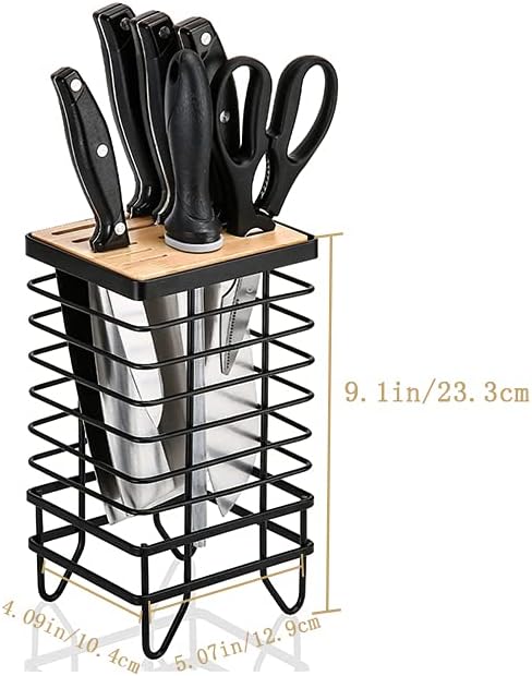LINFIDITE Knife Block Holder Universal Kitchen Knife Organizer Storage Stand 8 Slots Top Hollow Iron Wire Safe to Use Different Size Shape Knife Sharpeners Scissors Kitchen Countertop Black