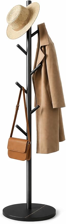 Heavy Duty Freestanding Coat Rack, Modern Hall Tree,7 Hooks, 3 Adjustable Height, Sturdy Metal Clothes hook stand with base for Entryway Bedroom Office for Coats Hats Handbags and Purses, Black