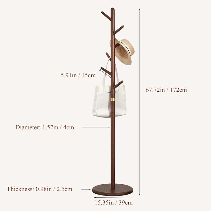 Coat Rack, Solid Wood Coat Rack Freestanding with 6 Hooks, Wooden Coat Tree Freestanding for Hats, Handbags, Coat Stand for Entryway, Bedroom, Hallway - Ideal Gift (Walnut)