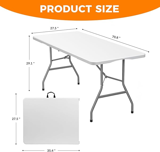 Lakhow 6 FT Folding Table,Outdoor Indoor Plastic Table Portable Square Height Dining Table Perfect for Picnics, Parties, Party and Camping, White