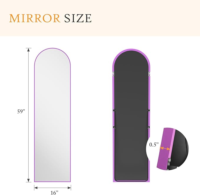 NEWBULIG 59"x16" Arched Full Length Mirror, Full Body Floor Mirror with Aluminum Alloy Thin Frame, Wall or Standing Mirror for Bedroom, Living Room, Dressing Room, Purple