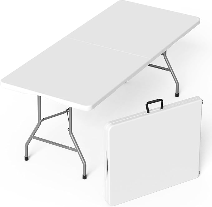 VSOAEIL Folding Table 6 Foot for Indoor Outdoor, Portable Heavy Duty Fold-in-Half Utility Plastic Foldable Dining Table with Carrying Handle for Picnic, Camping and Party, White
