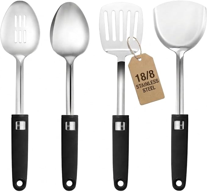 4 Pcs Cooking Utensils Set, 18/0 Stainless Steel Kitchen Utensils, Wok Utensils Set Include Slootted turner, Flat Spatula, Spoon Slotted, Spoon, Easy to Clean