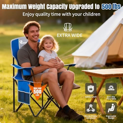 Oversized Camping Chair, High Back Camping Chairs 500 LBS Capacity, Portable Outdoor Lawn Chairs Folding with Cup Holder for Picnic, Lawn, Beach, Fishing and Sports (Bright Blue)