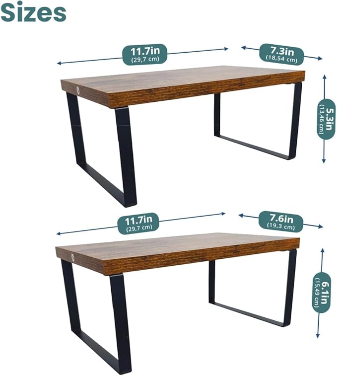 Sben Cabinet Organizer Shelf, Set of 2 Kitchen Counter Shelves, Kitchen Storage, Spice Rack, Stackable, Expandable, Metal and Engineered Wood, Ink Black and Rustic Brown