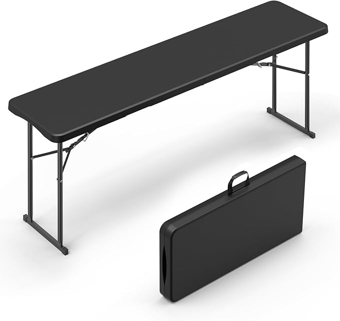VINGLI 6 FT Narrow Folding Table, Tabletop Folded in Half, Premium Quality HDPE Material and Sturdy Metal Frame, Perfect for Buffet, Seminar, Party, Training, Home Work, Black