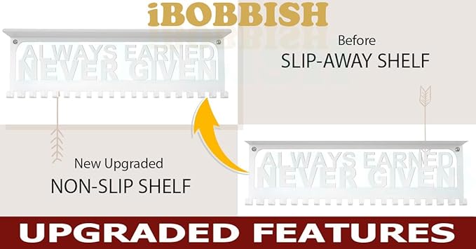 iBobbish Metal Medal Hanger Display,Non-Slip Trophy Shelf with 20 Hooks,Wall Mount,Heavy Duty,Non-Bent,Holds 22-33lbs,for Gymnastics,Race,Soccer,Swim