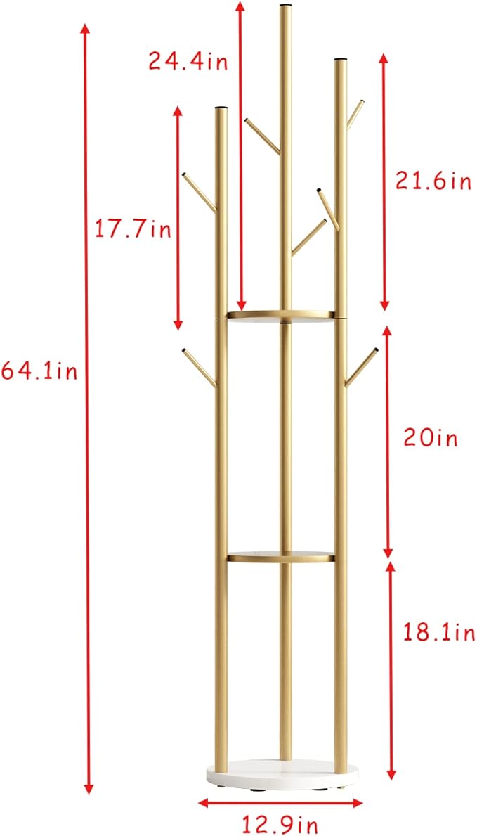 DOORXIFO Metal Gold Coat Racks Freestanding, Coat Hanger Stand, Hall Tree Rack for Hanging Hats, Scarves, Bags, Modern Coat Rack with Double Shelves, Corner Coat Rack, 9 Hooks, Gold
