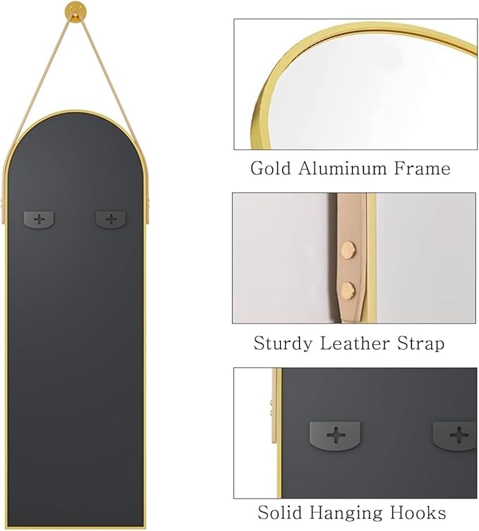 16"x48" Hanging Mirror with Leather Strap,Arched Full Length Mirror with Aluminum Frame Wall-Mounted Hanging Mirrors for Bathroom Vanity Living Room Bedroom Entryway Décor, Gold