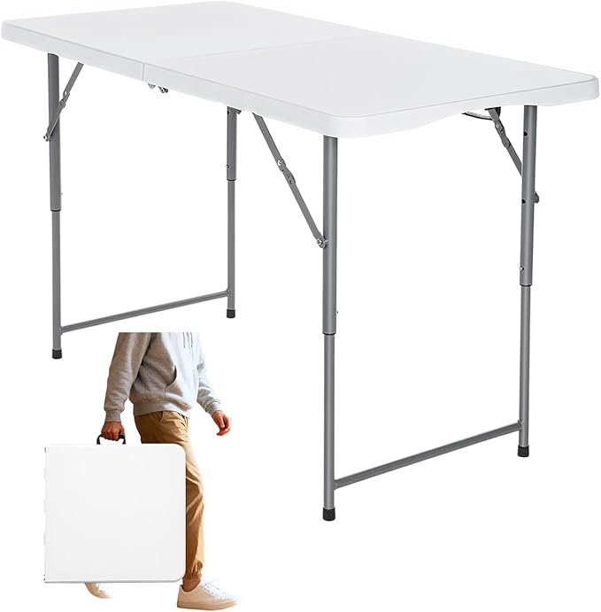 FoldingTable 4 Foot Portable Heavy Duty Plastic Table and Adjustable Height Folding with Carrying Handle,Indoor Outdoor with Kids Table, Picnic,Party,Camping White