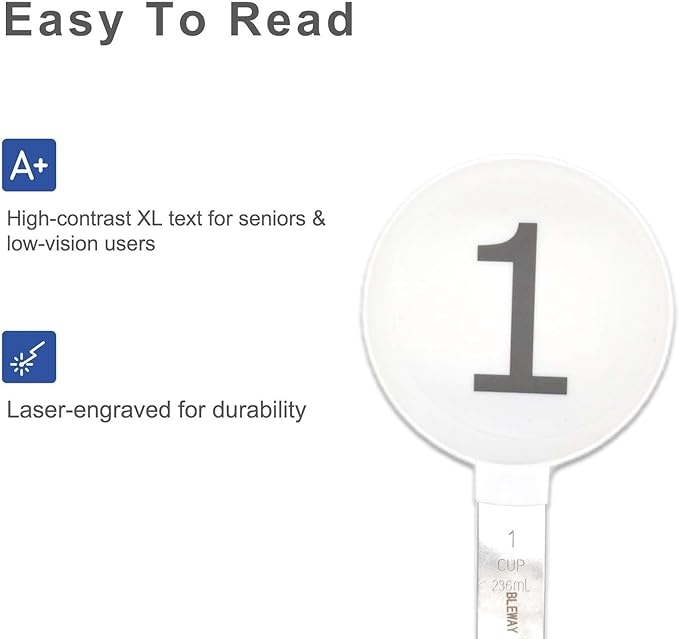 Easy to Read Measuring Cups & Spoons Set for Visually Impaired, Stackable Cups and Spoons, Nesting Measure Cups with Stainless Steel Handle (White)