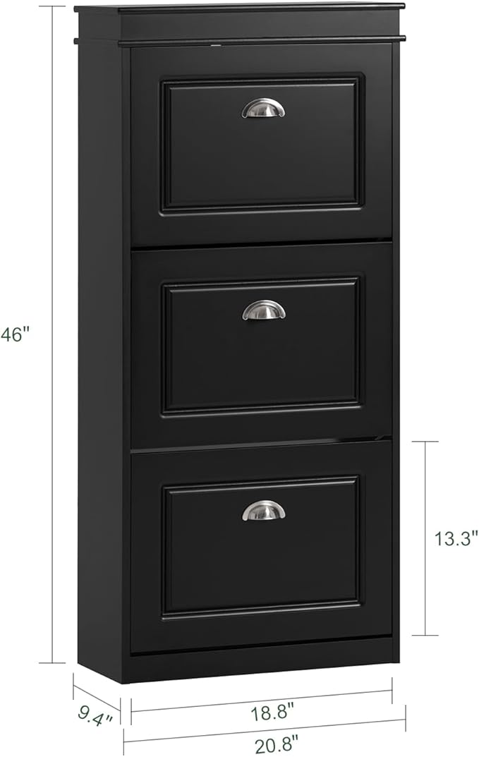 Haotian FSR94-SCH, Black Shoe Cabinet with 3 Flip Drawers, Freestanding Shoe Rack, Shoe Storage Rack(9.4" D x 20.9" W x 46.1" H)