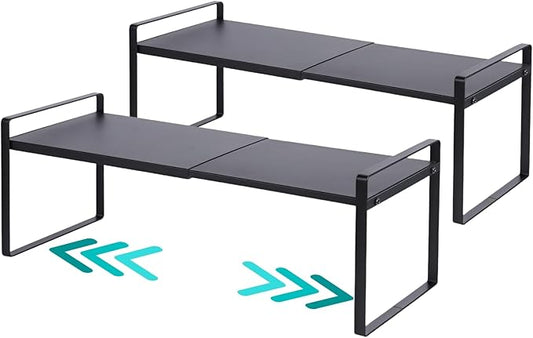 2-Pack Expandable Shelf Organizer for Kitchen Countertop, kitchen organizers and storage，under sink expandable shelf organizer (black, 8.2’’D * 12.2-21.6’’W * 7.7’’H)