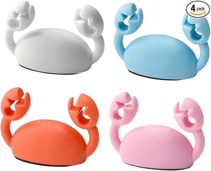 Crab-Shaped Cord Organizer - Adhesive Cable Clips for Tidying Desks and Efficient Wire Management, 4-Pack (Pink, Blue, White, Orange)