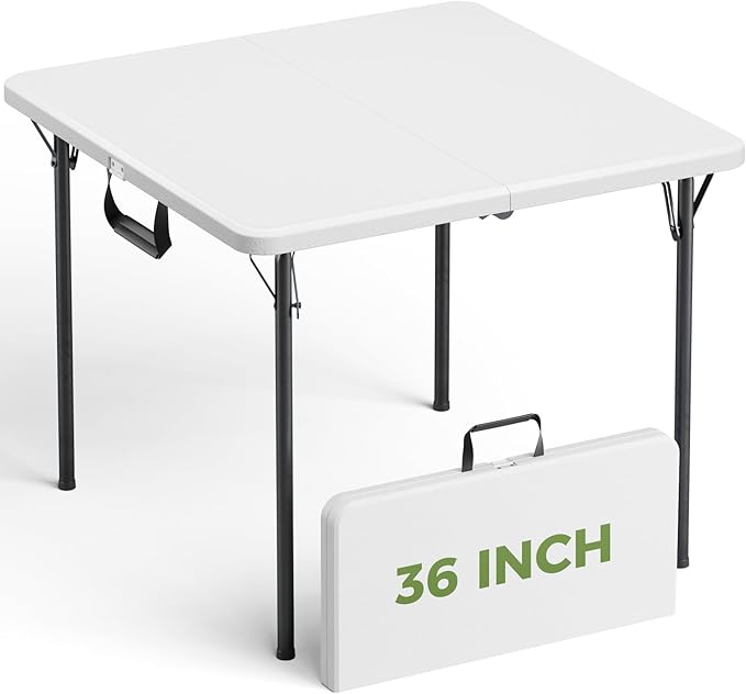 Folding Table, 36 Inch Square Foldable Card Table with Carrying Handle, Heavy Duty Fold-in-Half Portable Table No Assembly, Ideal for Picnic, Camping, RV Travel, Parties, BBQs, Crafting and Indoor Use