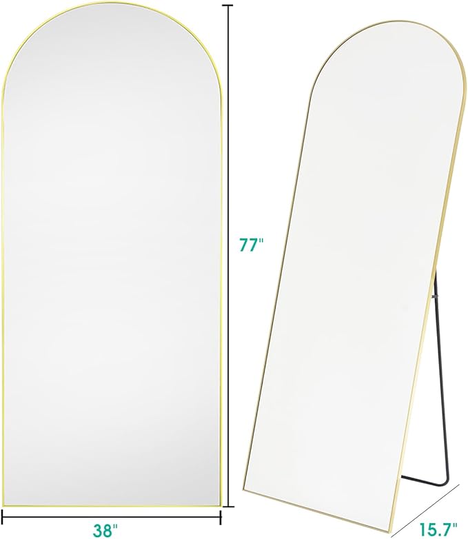 BEVERDY Full Length Mirror, Arched Floor Mirror, 38" x 77" Oversized Full Length Mirror, Freestanding, Full Body Mirror, Arch Mirror Full Length, Wall Mounted Mirror for Bedroom, Gold