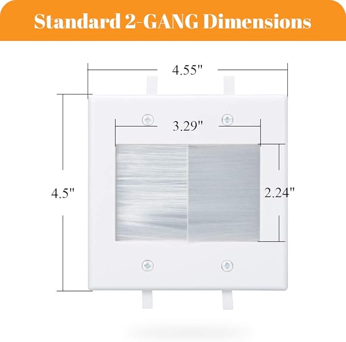 2 Gang Brush Wall Plate White Built in Low Voltage Mounting Bracket for Cables Pass Through 2 Pack