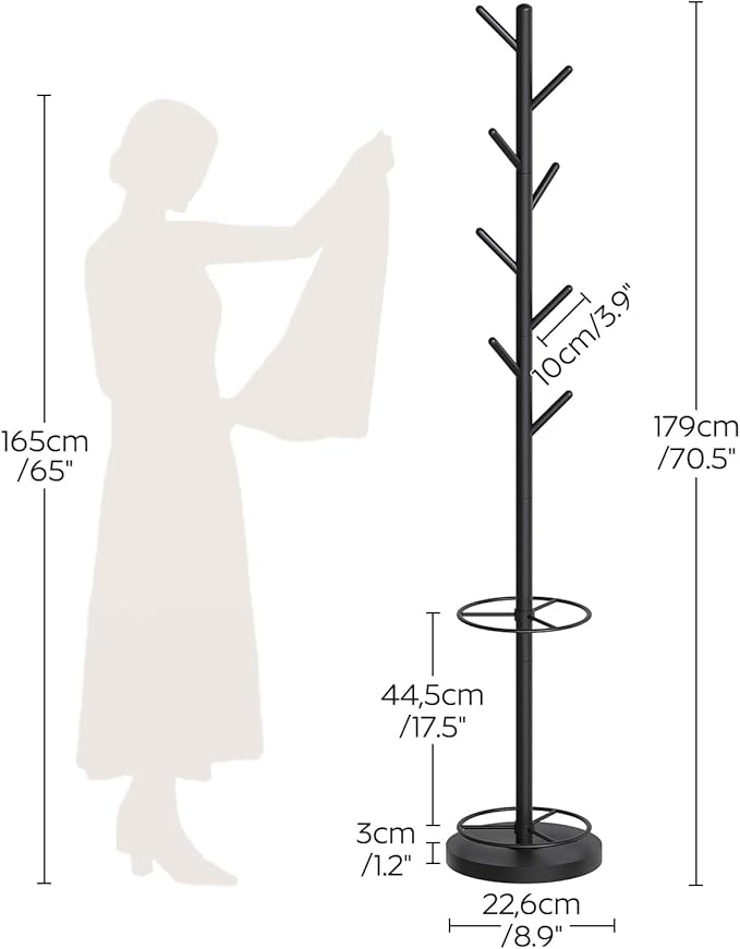 YATINEY Coat Rack Freestanding with Umbrella Holder, Coat Rack Stand with 8 Hooks, Heavy Duty Coat Tree for Entryway, Modern Clothing Rack, Metal Coat Hanger Stand for Bedroom, Office, Black YM03BB
