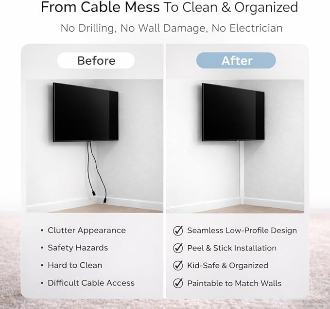 Easylife Corner Cable Trunking Raceway 192 Inch Paintable Self Adhesive TV Cable Hider Flexible Cable Concealer for Wall Corners HDMI Power Cord Ethernet Speaker Wire Management