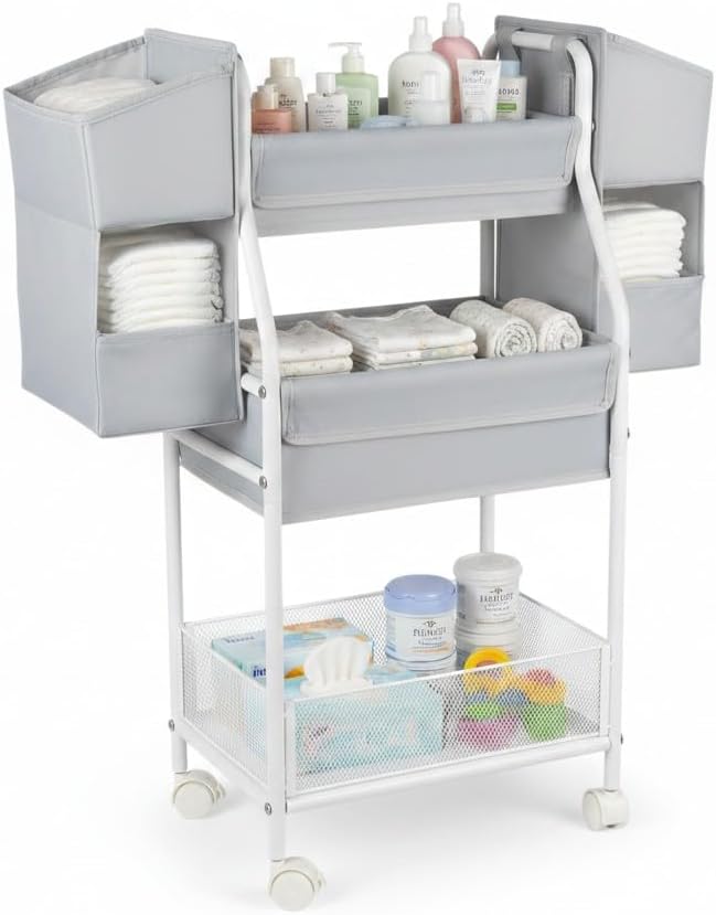 Moteph Rolling Utility Cart with Side Storage, 3-Tier Diaper Cart & Baby Caddy Organizer for Nursery Essentials, Bedside/Postpartum Nursing Cart, Craft & Art Storage Organizer, Rolling Book Cart