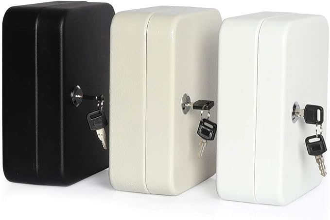 Jssmst Key Lock Box Wall Mount Security Key Storage Box, Locking Key Cabinet Wall Mount with 20 Key Hooks & Tags Key Labels, 7.87 x 6.3 x 2.95 inches, White Matt