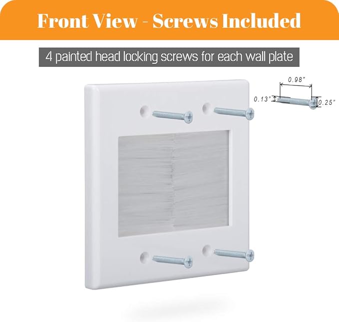 2 Gang Brush Wall Plate White, Double Gang Cable Management Kit for Power Cords and Low Voltage Cables in-Wall Pass Through (Pack of 4)…