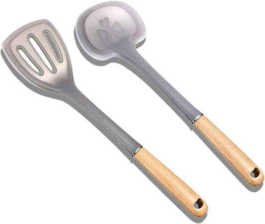2-Piece Cooking Spatula Set - German standard Food-Grade Silicone with Steel Core, Heat Resistant Up to 500℉, Non-Stick Cooking Utensils for Kitchen with Ergonomic Non-Slip Handle (Gray)