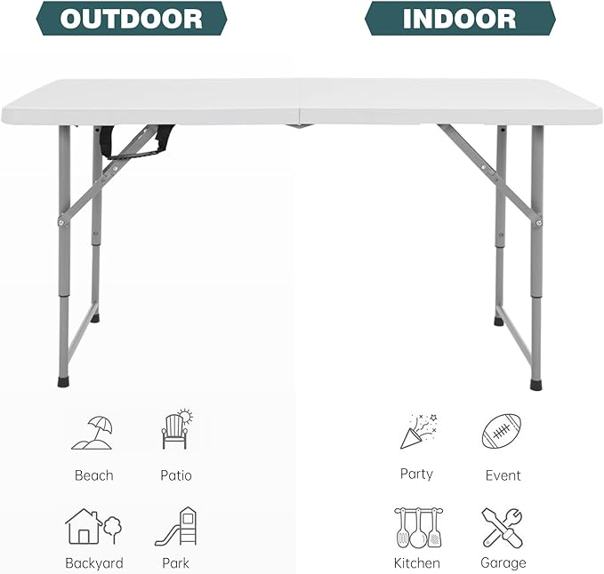 FDW 4 Foot Outdoor Dining Table, Foldable Portable Rectangular Plastic Folding Table with Built in Carrying Handle and Height Adjustable for Party and Wedding Use, White