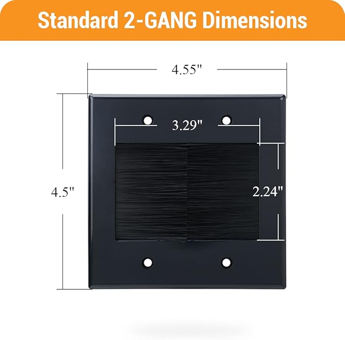 2 Gang Brush Wall Plate (Black, 2 Pack), Double Gang Cable Wall Plate for Power Cords, Low Voltage Cables and Wires in-Wall Hiding
