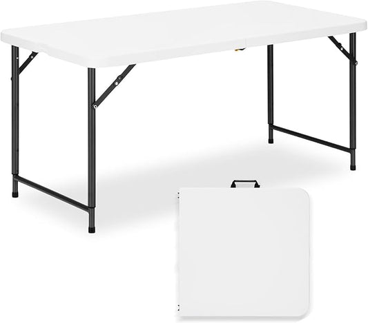 4ft Folding Table with Adjustable Height, 2-Level Foldable Table with HDPE Top & Steel Legs, Portable 4 Foot Folding Table for Picnic, Party, Craft, Indoor Outdoor Use, White