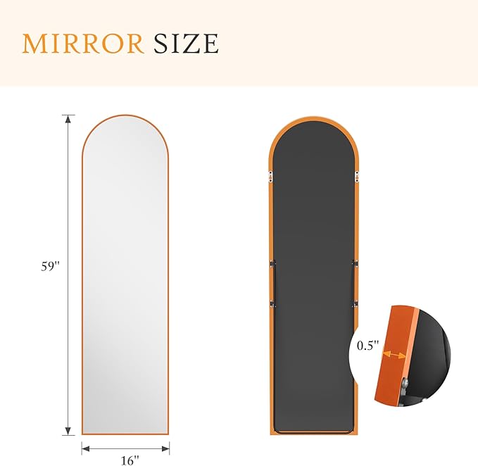 NEWBULIG 59"x16" Arched Full Length Mirror, Full Body Floor Mirror with Aluminum Alloy Thin Frame, Wall or Standing Mirror for Bedroom, Living Room, Dressing Room, Orange