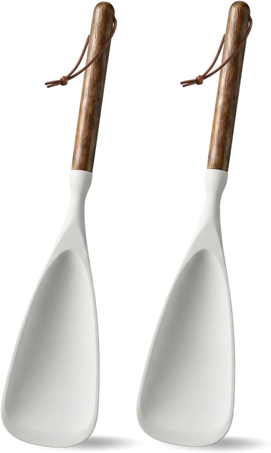 2-Pack Silicone Spoonula with Wooden Handle, BPA-Free Spatula Spoon for Nonstick Cookware, Heat Resistant Cooking Spoon for Mixing, Scraping, Scooping and Serving(White)