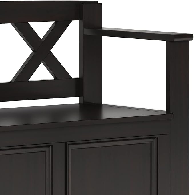 SIMPLIHOME Amherst Entryway Storage Bench - 36 inch Wide Solid Wood Hallway Bench in Hickory Brown, Transitional Bench for Entry or Mudroom with Lift-Up Lid, Storage Compartments and X-Back Detail