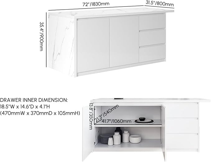 homary Kitchen Island with Storage & Wine Rack, 72" Modern White Kitchen Cabinet with Wood Top, Large Fixed Island with 3 Drawers & 6 Adjustable Shelves, Without Bar Stools