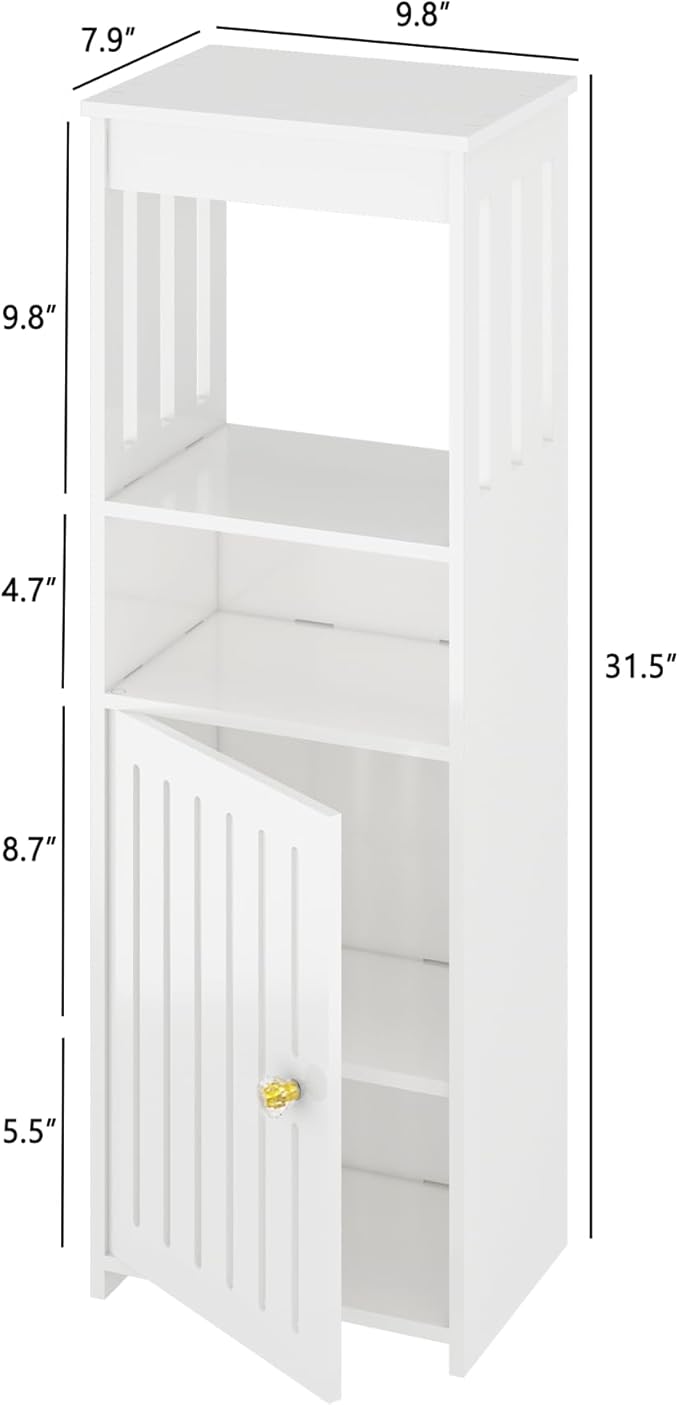 Narrow Bathroom Storage Cabinet, 5-Tier Slim Organizer with Door and Open Shelf for Toilet Small Spaces, White, 7.9" D x 9.8" W x 31.5" H