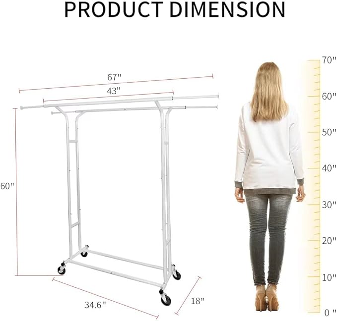 Fishat White Double Rod Garment Clothes Rack for Hanging Clothes, Rolling Organizer on Commercial Metal with Lockable Wheels Mobile Design for Coats Dresses