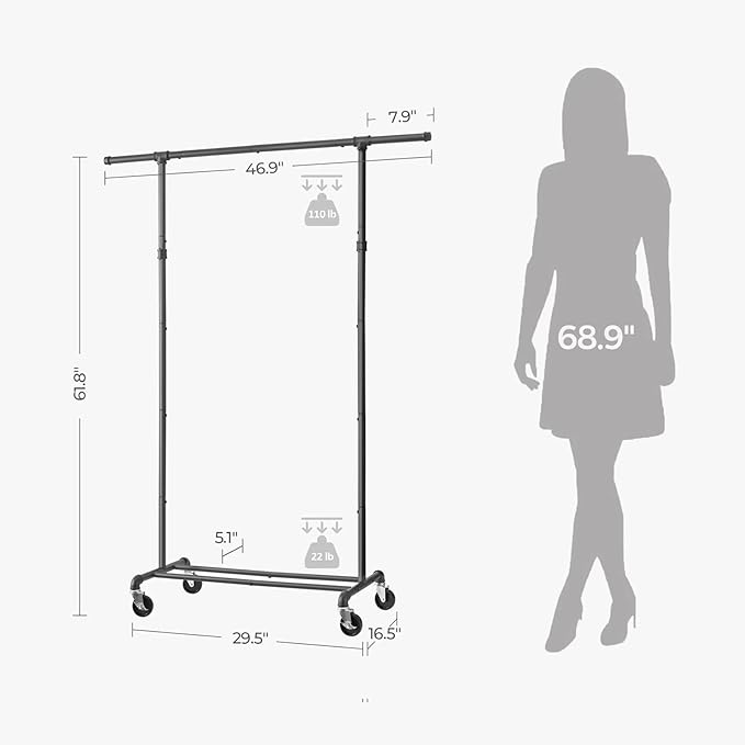 FOUCSSOMEI Clothing Rack with Wheels, Heavy Duty Clothes Rack, Rolling Garment Rack, Metal Clothing Hanger Rack, Closet Organizer, for Bedroom Living Room, Yard Sales, Commercial Grade, Black