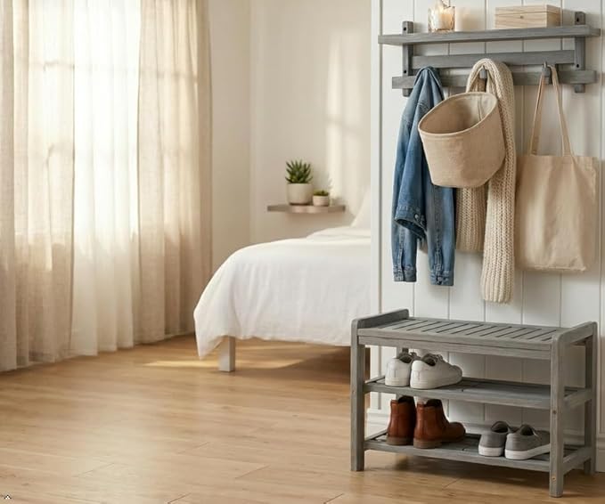27-Inch Wooden Shoe Bench for Entryway, 3-Tier Storage Organizer, Rustic Shoe Rack Bench for Narrow Spaces, Brush Grey