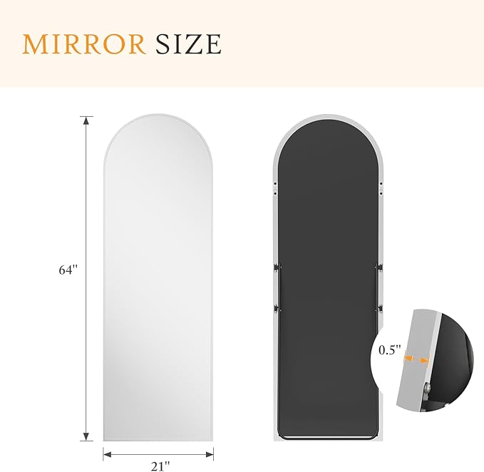 NEWBULIG 64"x21" Arched Full Length Mirror, Full Body Floor Mirror with Aluminum Alloy Thin Frame, Wall or Standing Mirror for Bedroom, Living Room, Dressing Room, Silver