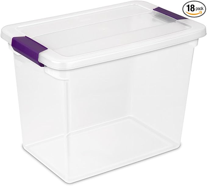 Sterilite 27 Quart ClearView Latch Box, Stackable Storage Bin with Latching Lid, Organize Clothes, Shoes in Closet, Clear Base and Lid, 18-Pack