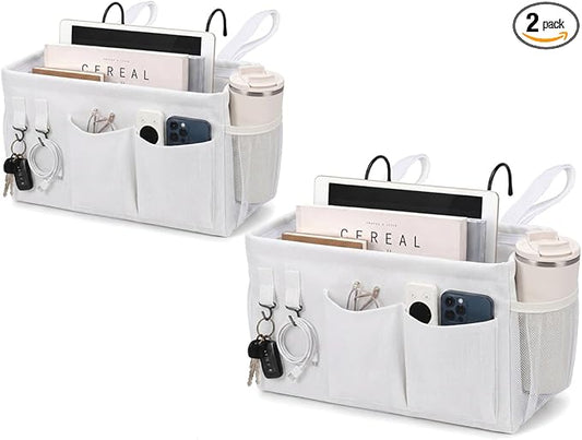 2pc Bedside Caddy Organizer with Hooks, No-Sagging Canvas Hanging Bed Pocket with Water Bottle Holder, Bedside Storage for Dorm Room Essentials, Bunk Bed Accessories, Hospital Bed Rails & Crib (white)