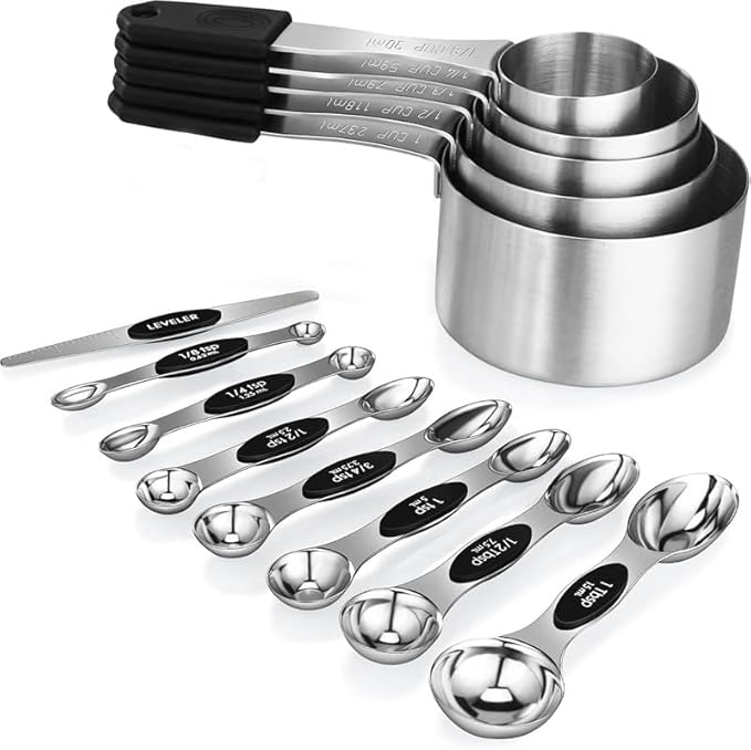 13-Piece All-Magnetic Measuring Cups and Spoons Set, 430 Stainless Steel Metal Measuring Cup and Spoon Set with Silicone Handles & Leveler for Baking Cooking (Black)
