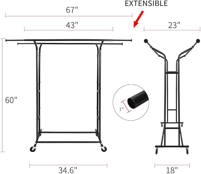 Fishat Black Heavy Duty Double Rod Garment Clothes Rack for Hanging Clothes, Rolling Organizer Commercial Metal with Lockable Wheels Mobile for Coats Dresses