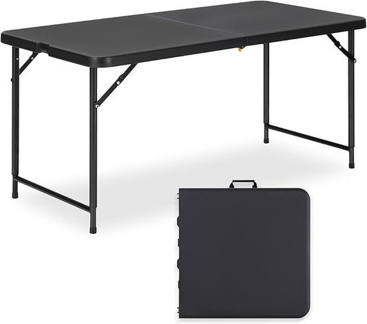 4ft Folding Table with Adjustable Height, 2-Level Foldable Table with HDPE Top & Steel Legs, Portable 4 Foot Folding Table for Picnic, Party, Craft, Indoor Outdoor Use, Black